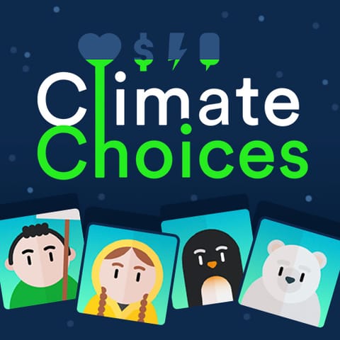 Climate Choices key art with four characters representing the game's decision dials