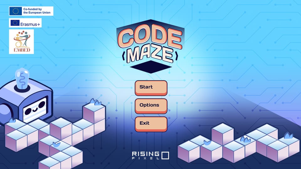 Code Maze title screen with the EU, Erasmus+ and EMBED project logos