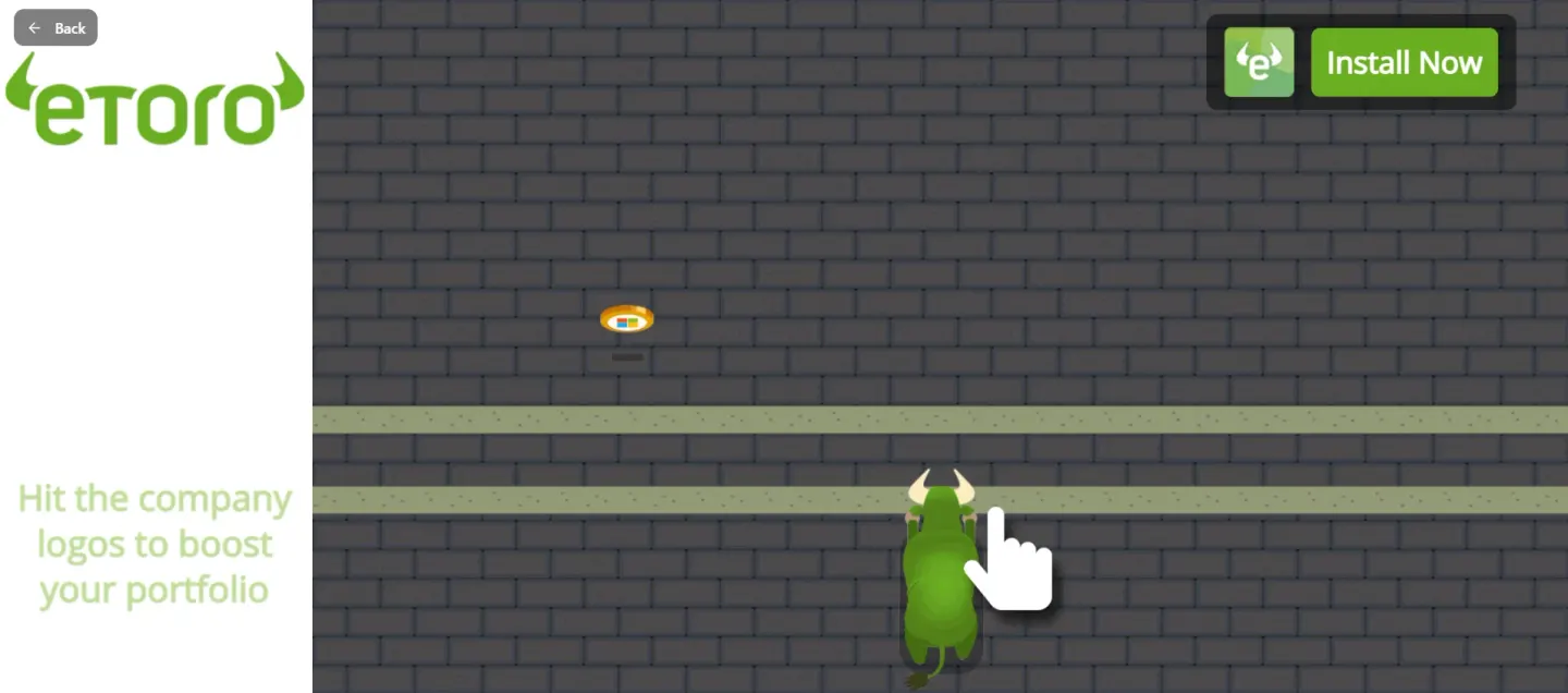 Playable ad with a green bull steering over a brick wall to hit company logos, with an Install Now button
