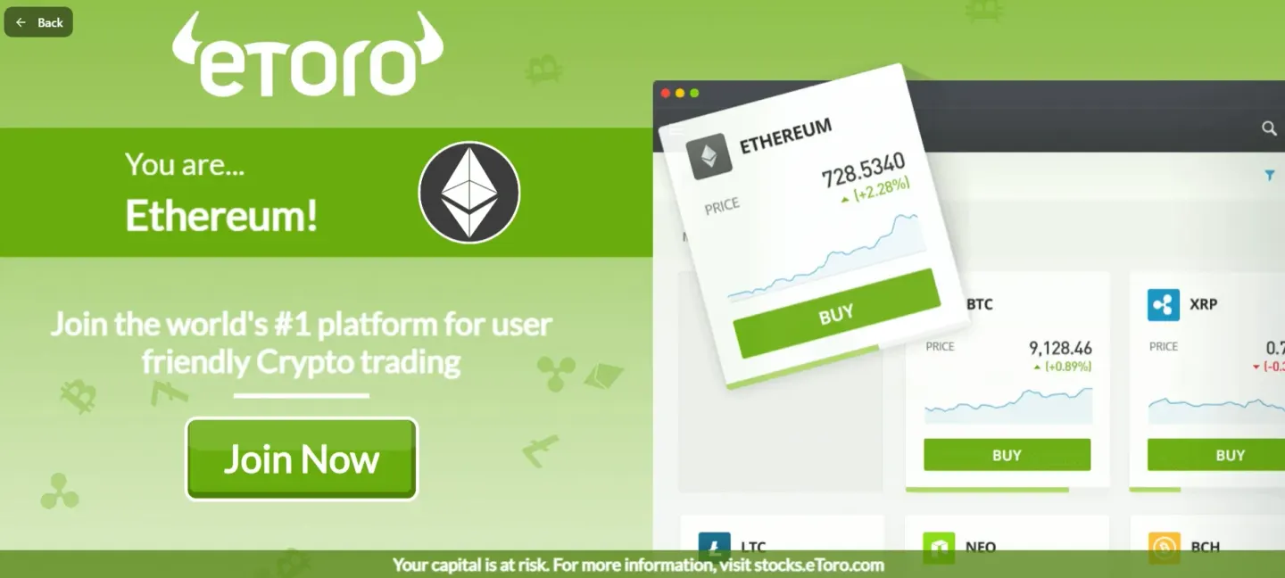 Playable ad end screen telling the player they are Ethereum, with a Join Now button and a platform preview