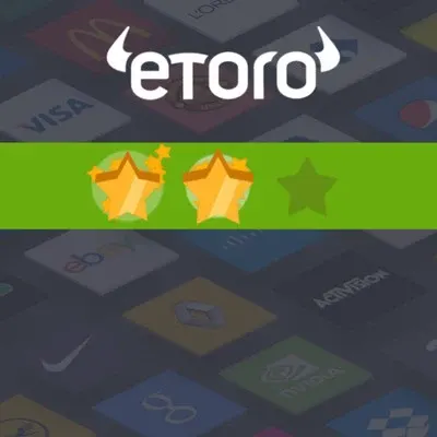 eToro logo above two gold stars on a green strip, over a dark collage of investment and technology brands