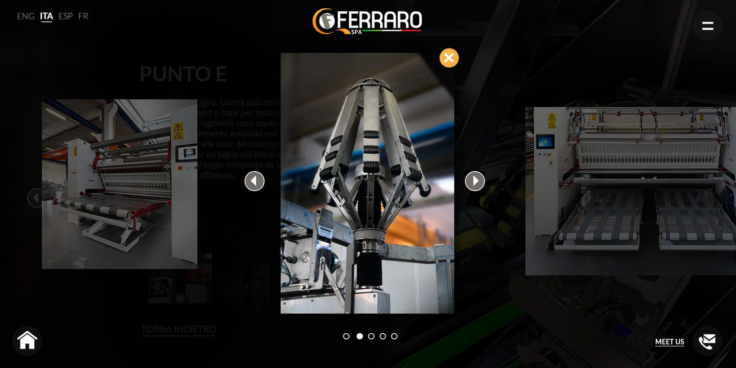 Interfaccia dello showroom virtuale Ferraro con un popup di dettaglio sul modello 3D
