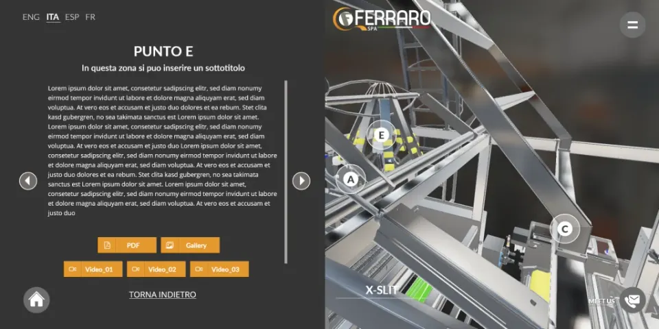Pannello dello showroom virtuale Ferraro con link a PDF, galleria e video di una parte della macchina