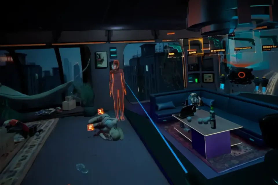 Escena del crimen de Forensic Detective con marcadores de pruebas, una víctima y una figura holográfica en un apartamento futurista