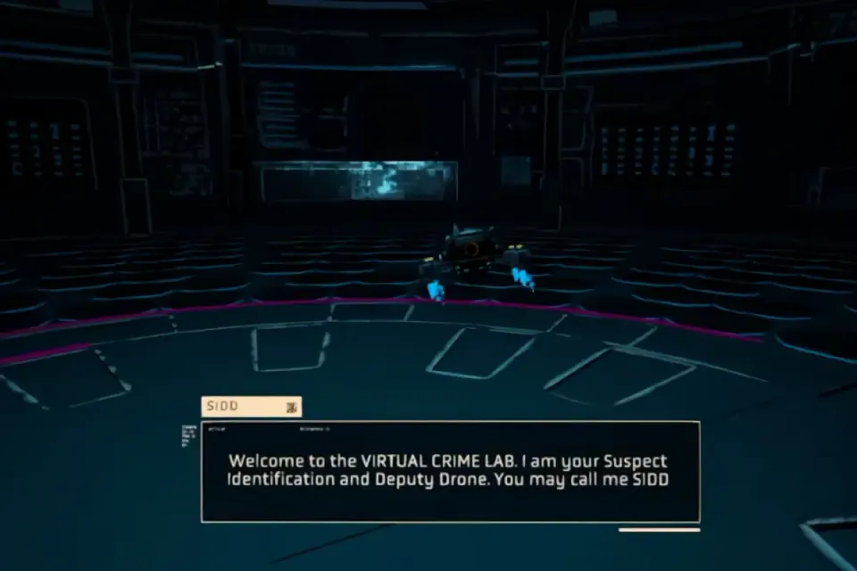 Laboratorio criminal virtual de Forensic Detective donde el dron asistente da la bienvenida al jugador