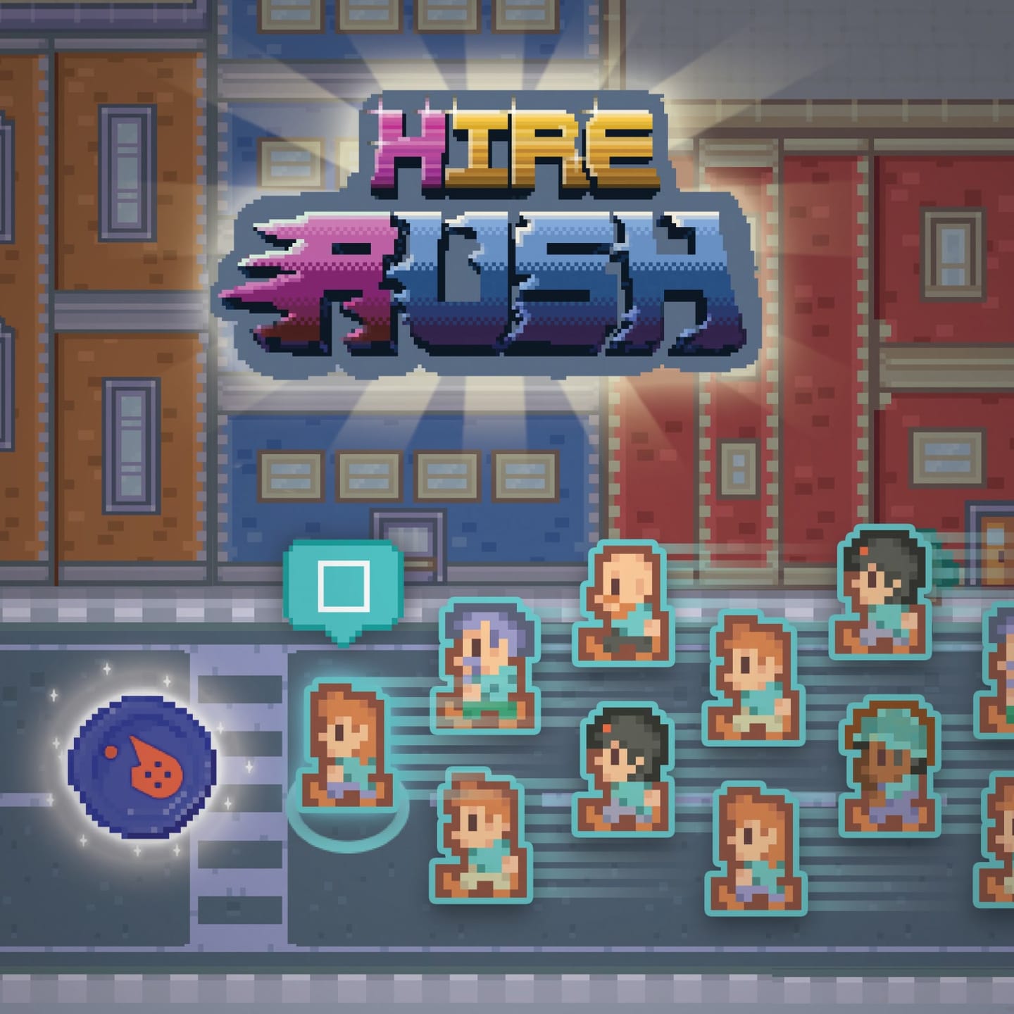 Recruiter di Hire Rush che raccoglie candidati in una città pixel art