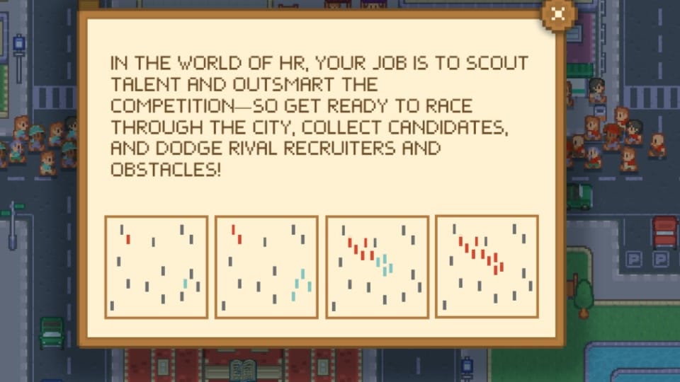 Briefing di Hire Rush che spiega il gameplay di recruiting