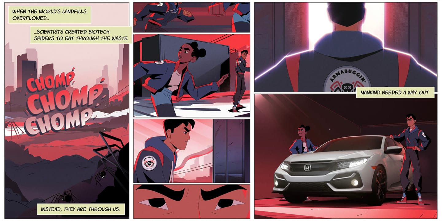 Biospiders comic scene with the Honda Civic and protagonists