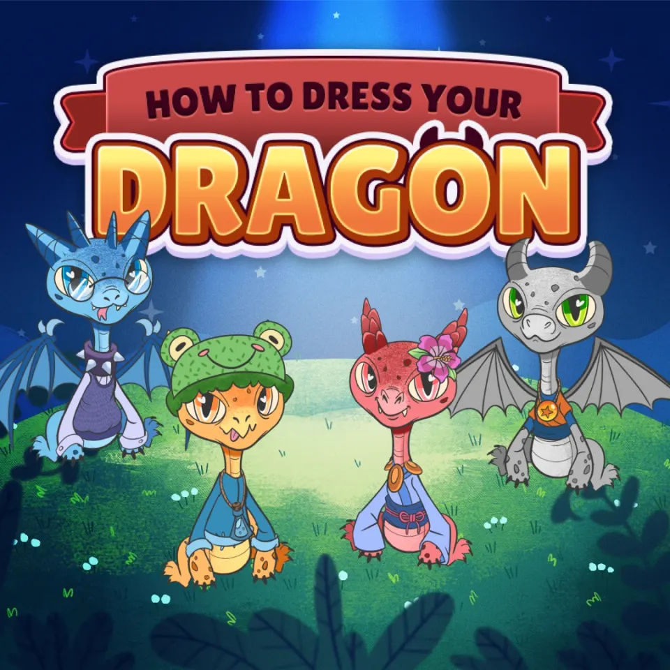 Cuatro dragones personalizados que muestran las opciones de ropa y accesorios del juego