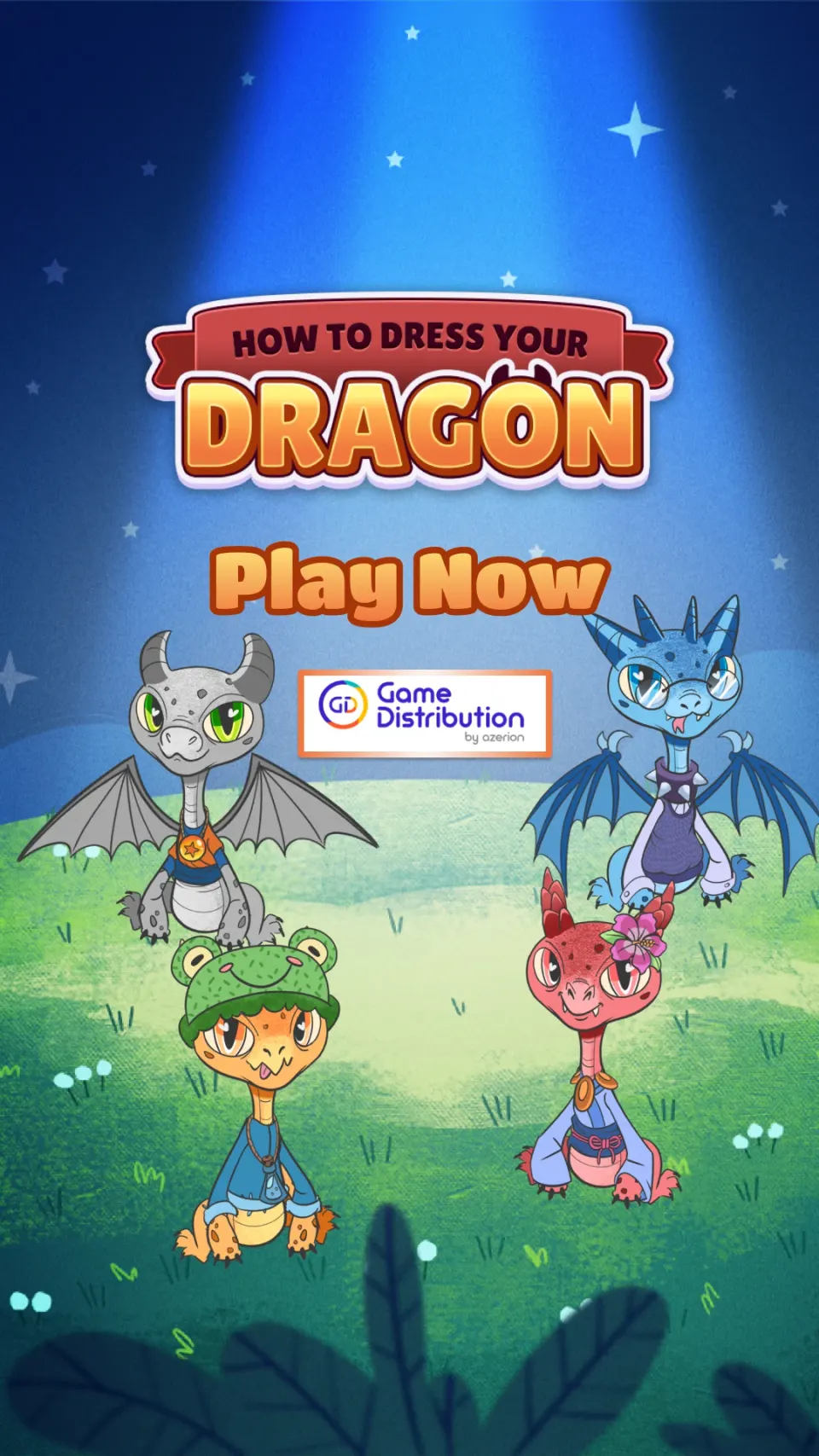Creatividad vertical de un portal de juegos con cuatro dragones personalizables
