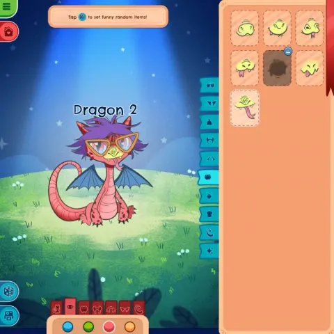 Pantalla de juego con un dragón personalizado junto al panel de selección de accesorios