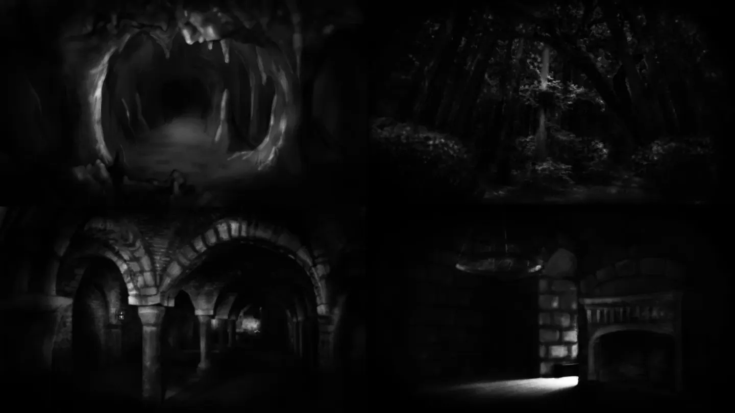 Cuatro escenas oscuras pintadas a mano del juego: una cueva, un bosque, una cripta y una sala de piedra con chimenea