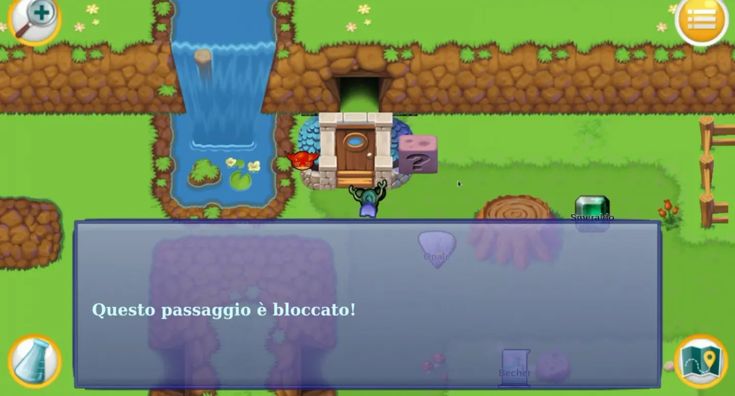 Juego de MasterLab: un mensaje de paso bloqueado en una sala con hierba, una cascada, gemas para recoger y un botón con forma de matraz