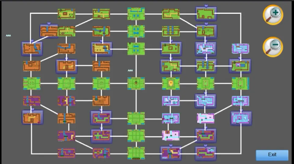 Mapa del mundo de MasterLab: una cuadrícula de salas de laboratorio con las salas completadas marcadas y controles de zoom