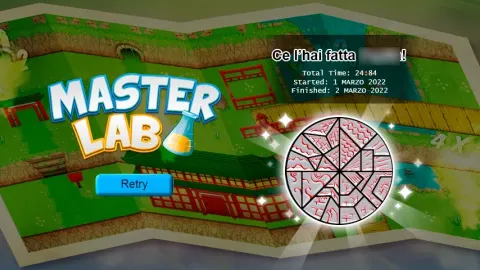 Pantalla de finalización de MasterLab con un sello y el tiempo total