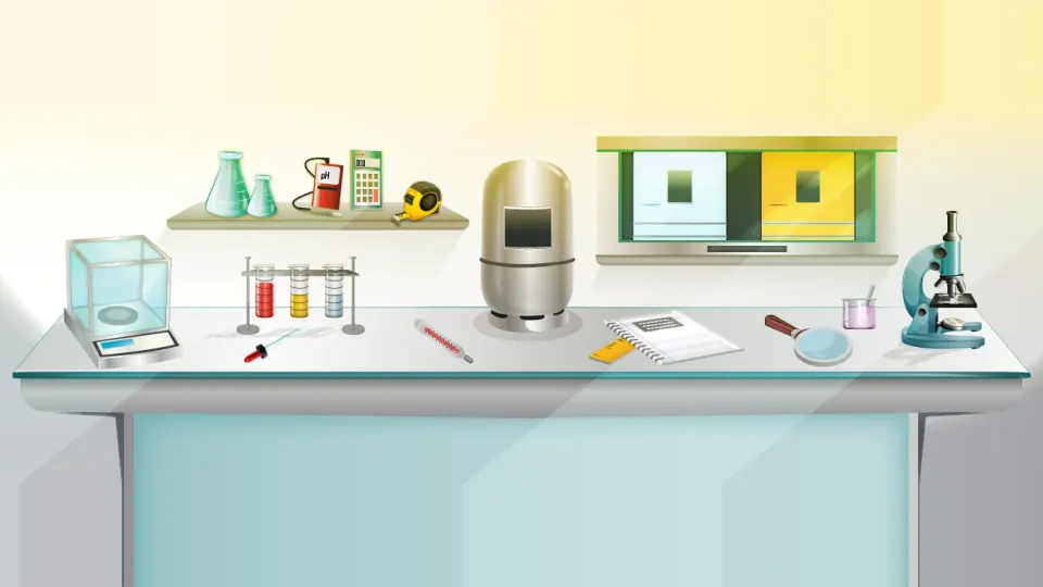 Ilustración de la mesa del laboratorio virtual con balanza, tubos de ensayo, matraces, microscopio y cuaderno
