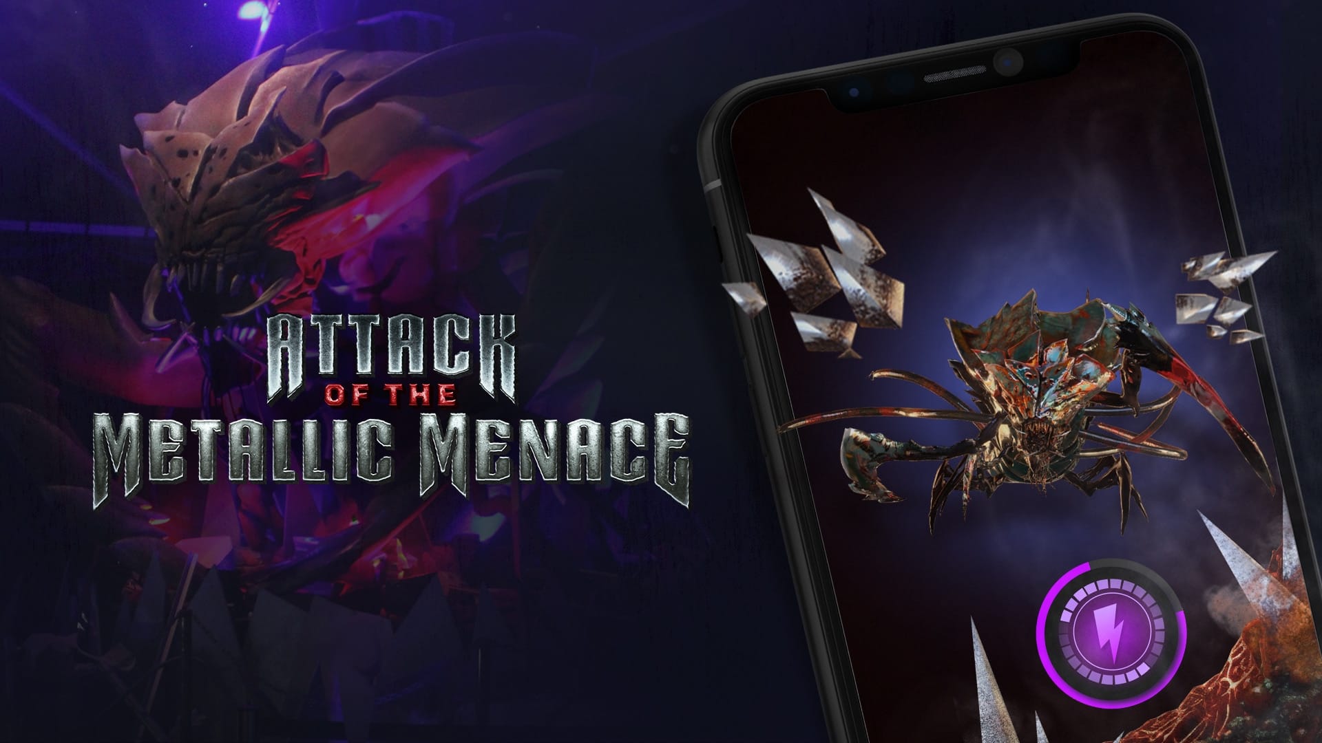 Imagen principal de Attack of the Metallic Menace con el monstruo de realidad aumentada en la pantalla de un teléfono