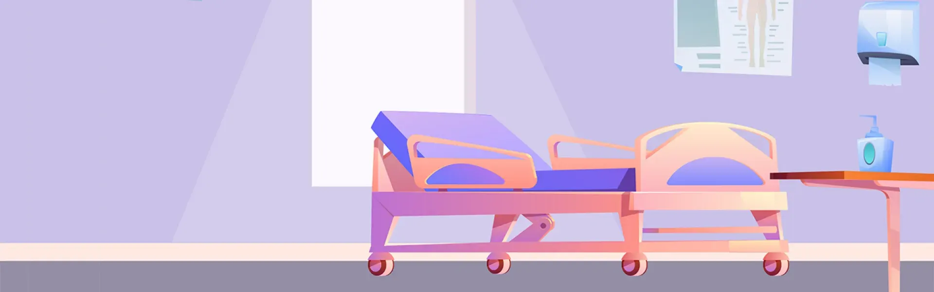 Ilustración de una cama hospitalaria y equipo médico en una habitación