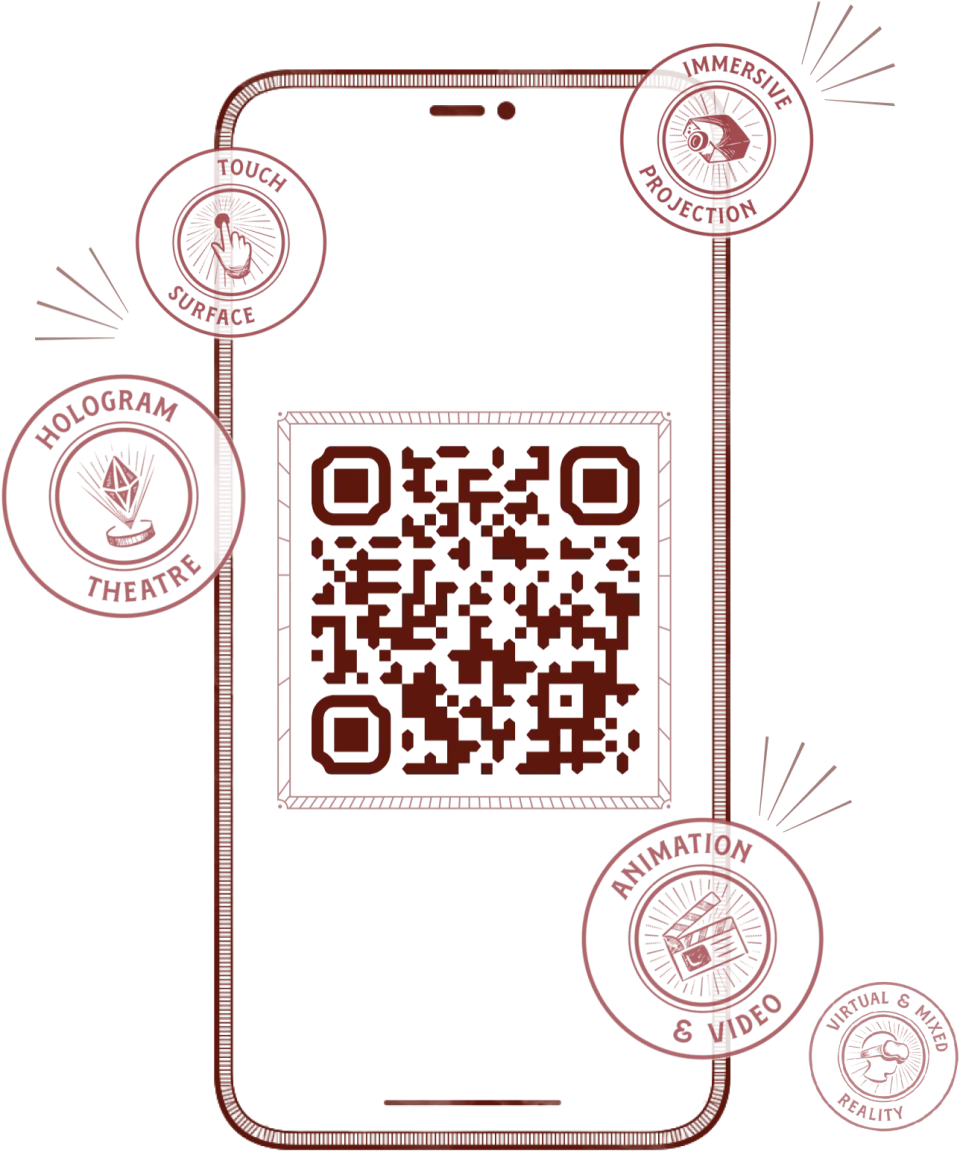 Visual del Museum AR Mailer con QR code e indicatori di tecnologia immersiva