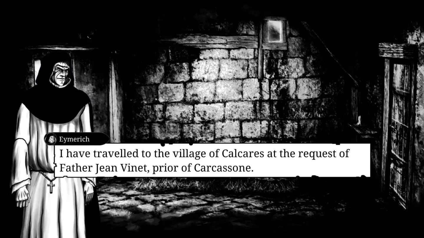 Eymerich hablando en un pasillo de piedra, con la frase sobre el pueblo de Calcares