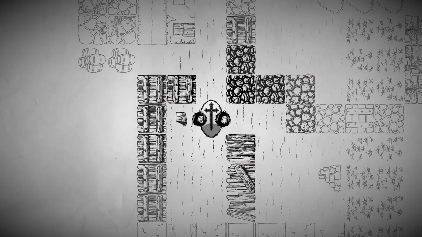 Mapa cenital de una planta de la mazmorra dibujado en blanco y negro