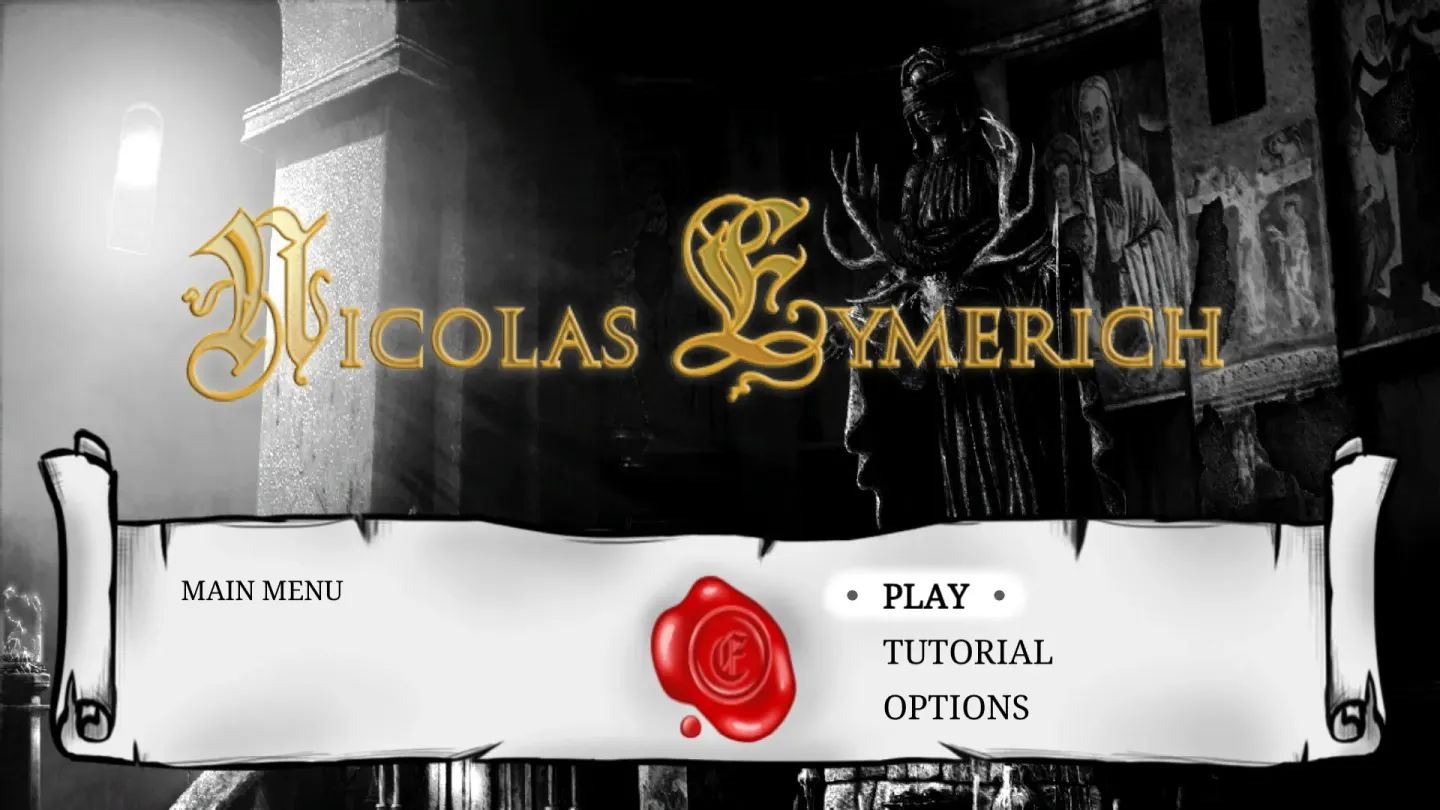 Menú principal con el título Nicolas Eymerich y las opciones Play, Tutorial y Options