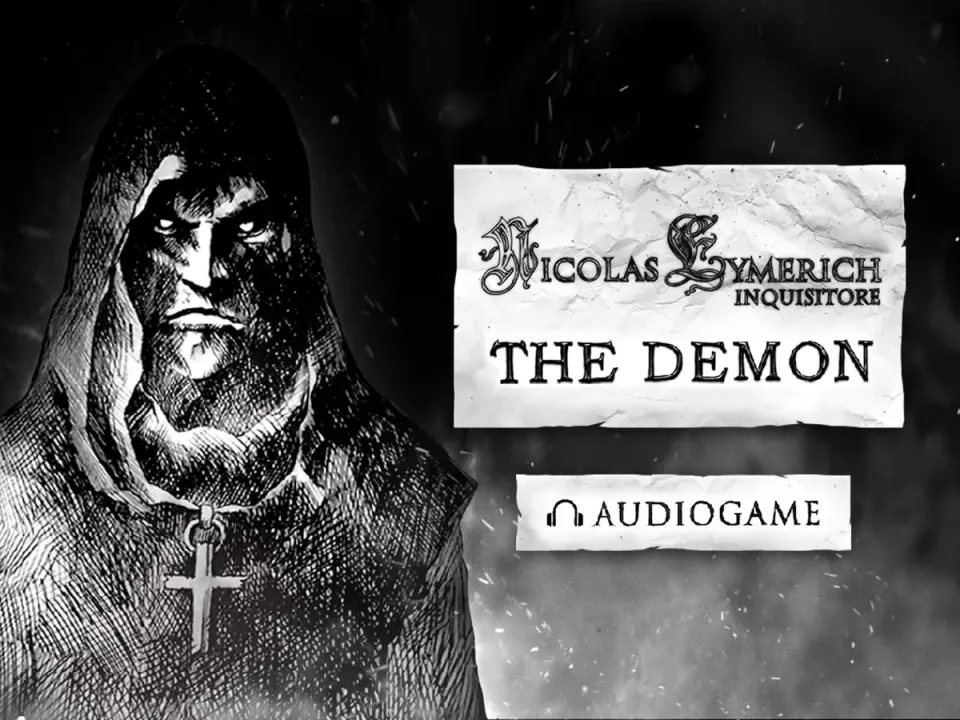 Arte principal de El Demonio con el inquisidor encapuchado Nicolas Eymerich y la etiqueta Audiogame