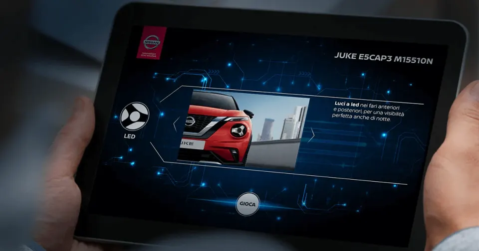 Nissan Juke Escape Mission key art showing the car breaking out of a hostile facility
