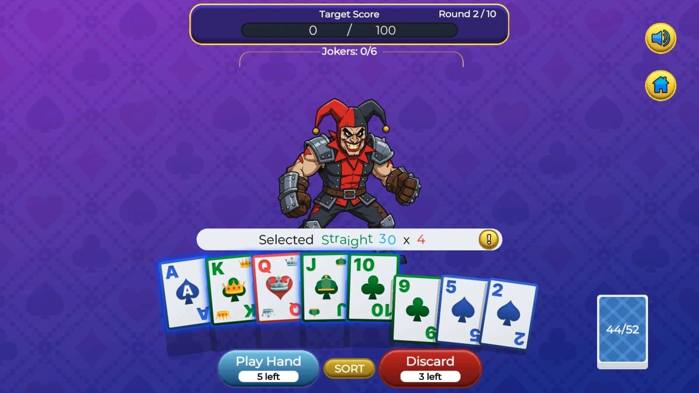 Round di Pocketro con una scala selezionata tra le carte ricevute davanti a un giullare