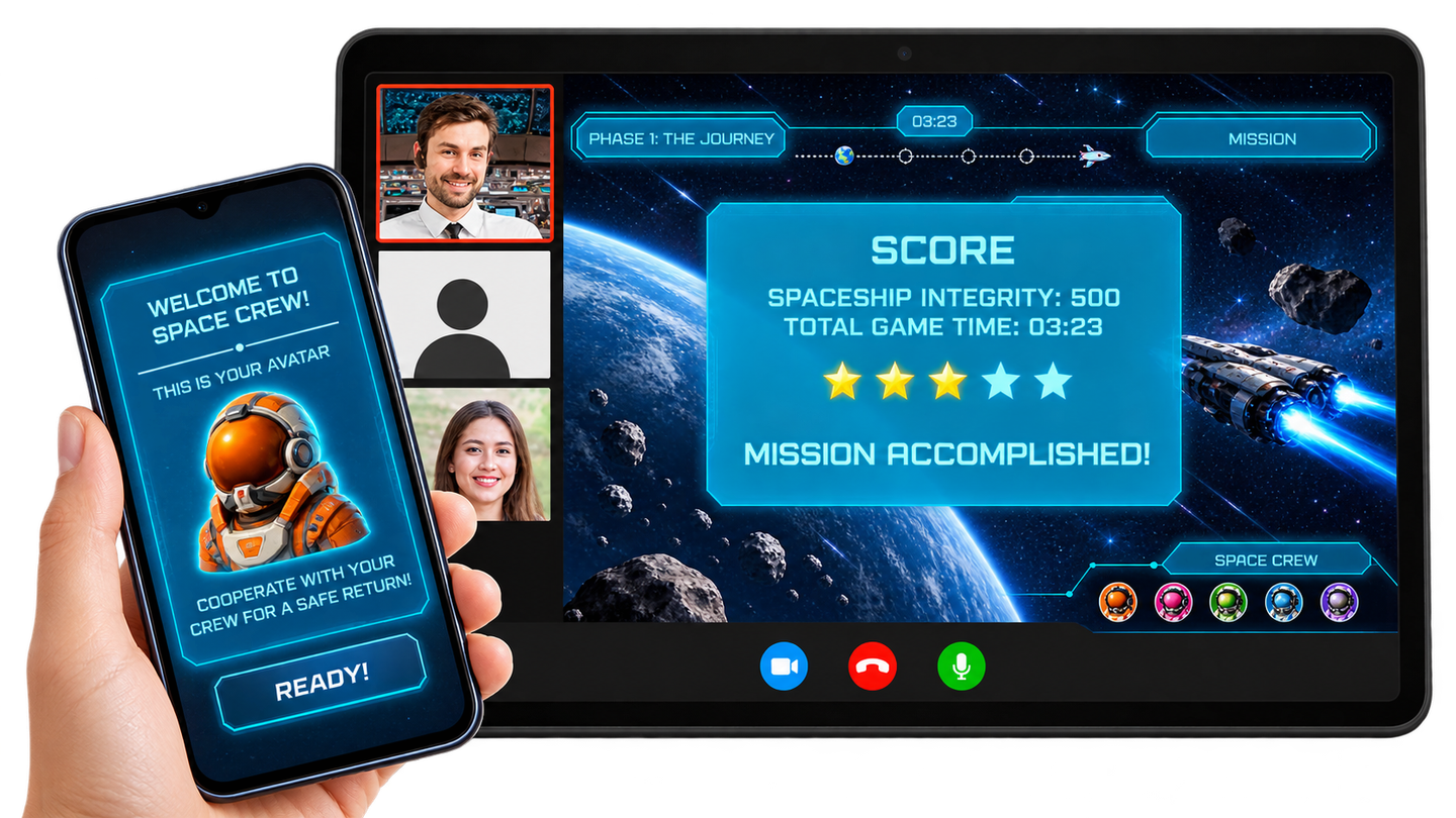Space Crew gameplay on a tablet and smartphone