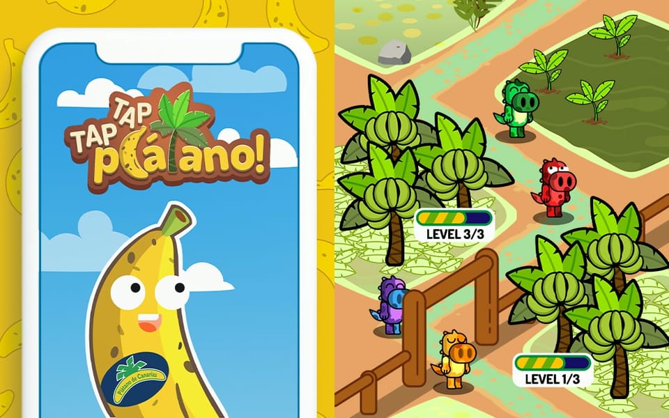 Portada del juego Tap Tap Plátano y partida en la plantación