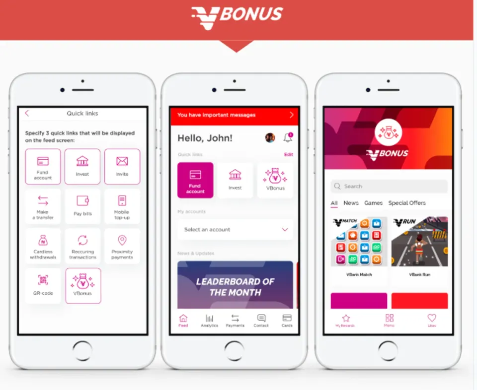 Mockup dell'app VBank: collegamenti rapidi, la home con V-Bonus e l'area premi con i giochi V-Match e V-Run